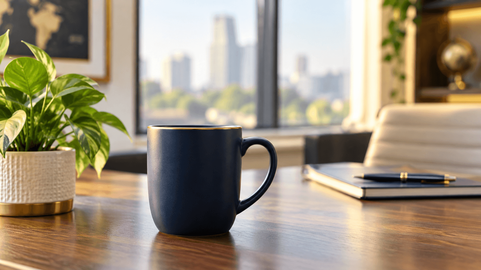 Desk with a plant and coffee mug, ready for a conversation