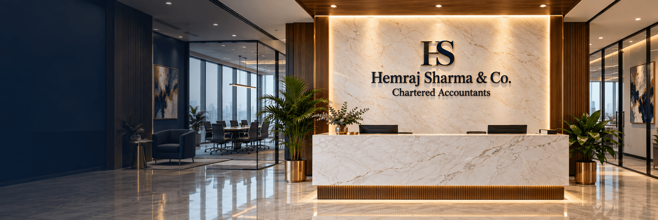 Reception wall with the Hemraj Sharma & Co. logo integrated into the office setting
