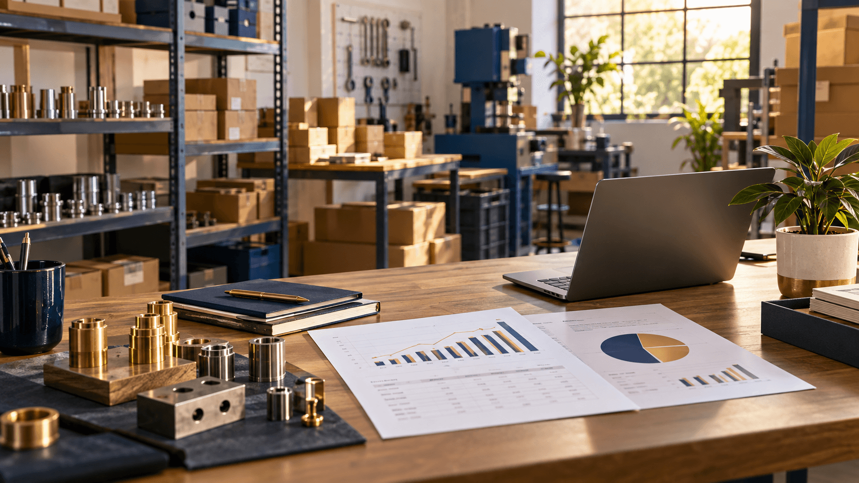 Small manufacturing workspace with financial charts
