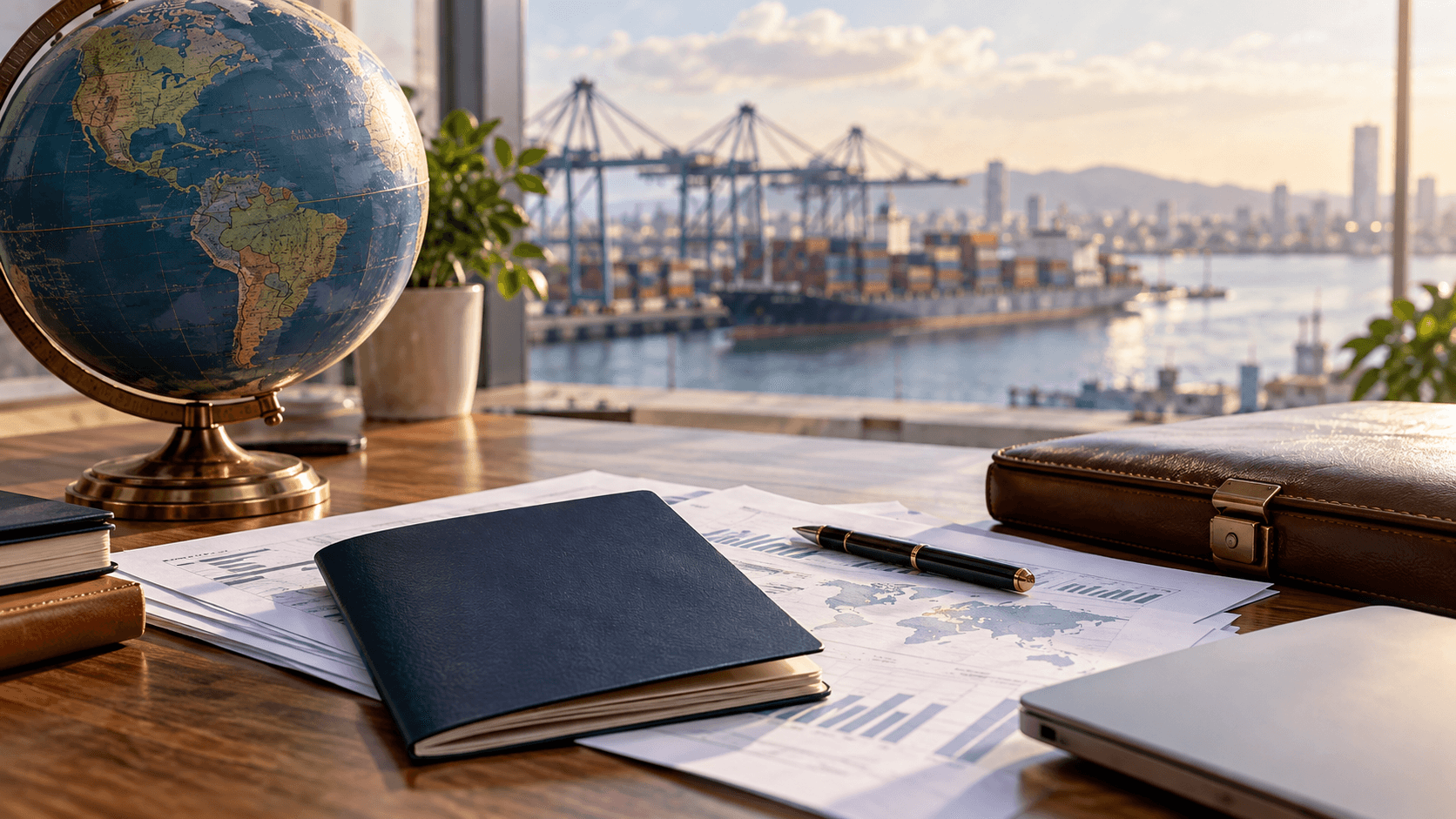 Global trade papers and a globe beside a port