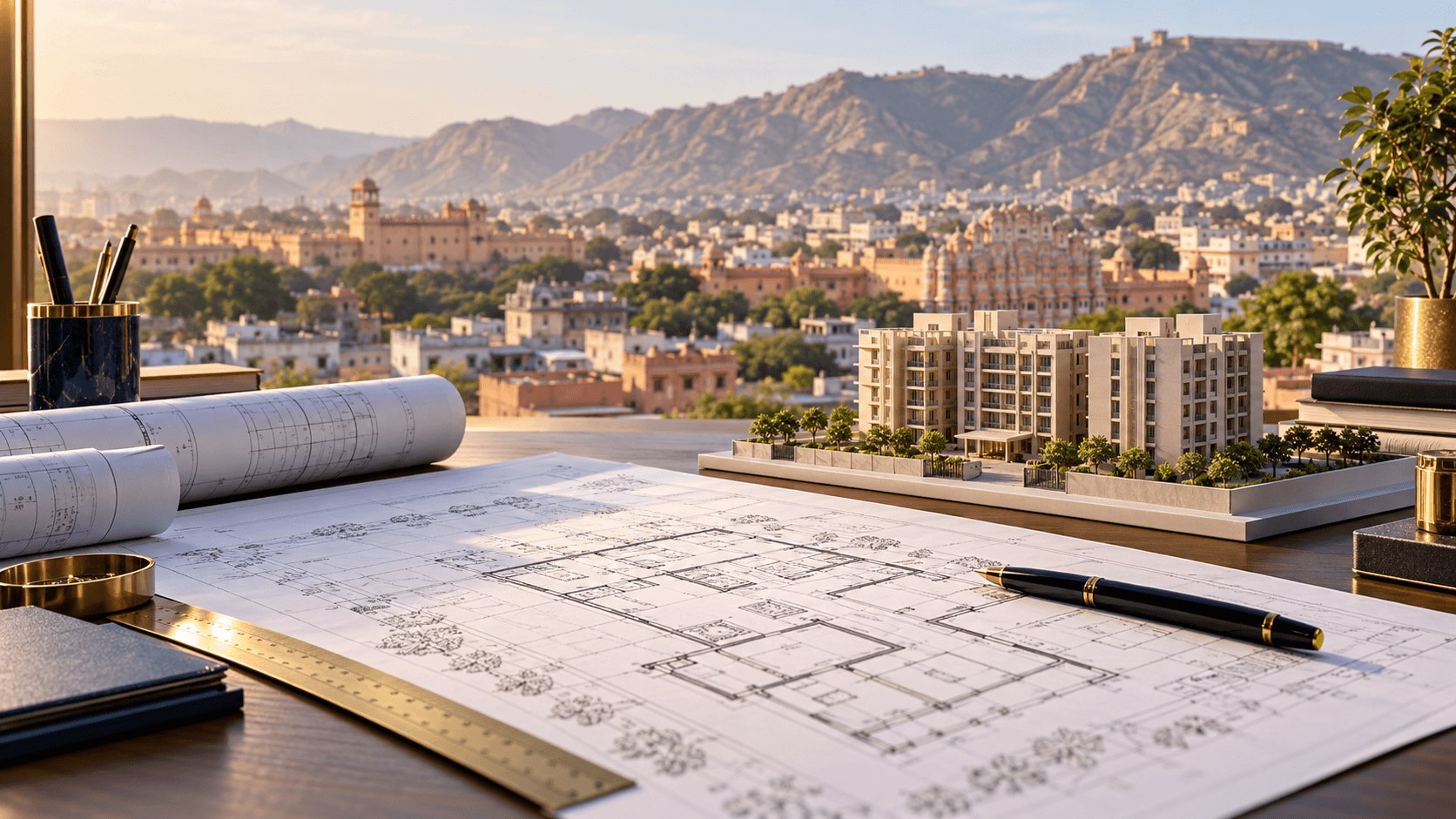 Architectural plans and a building model overlooking Jaipur