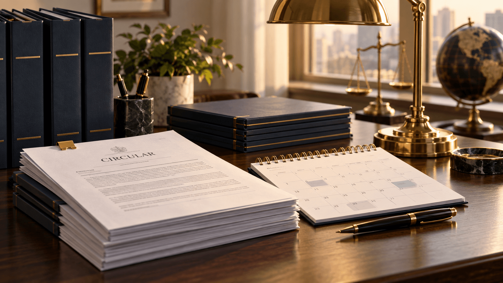 Regulatory circulars and calendar arranged on a desk
