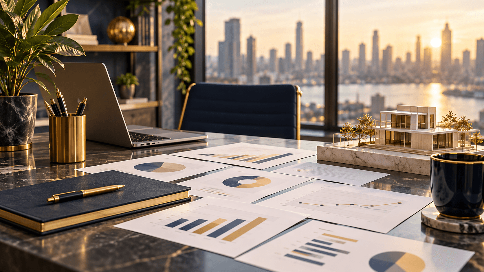 Startup planning documents and charts in an office