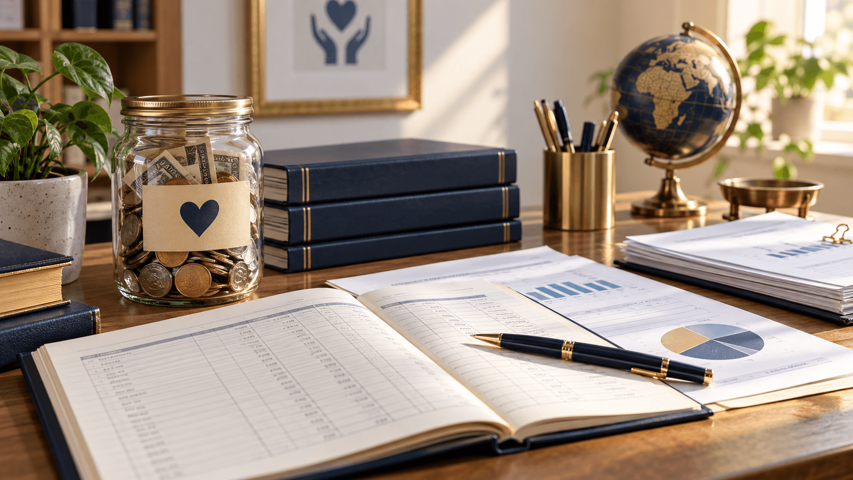 Donation ledger and charity records on an office desk