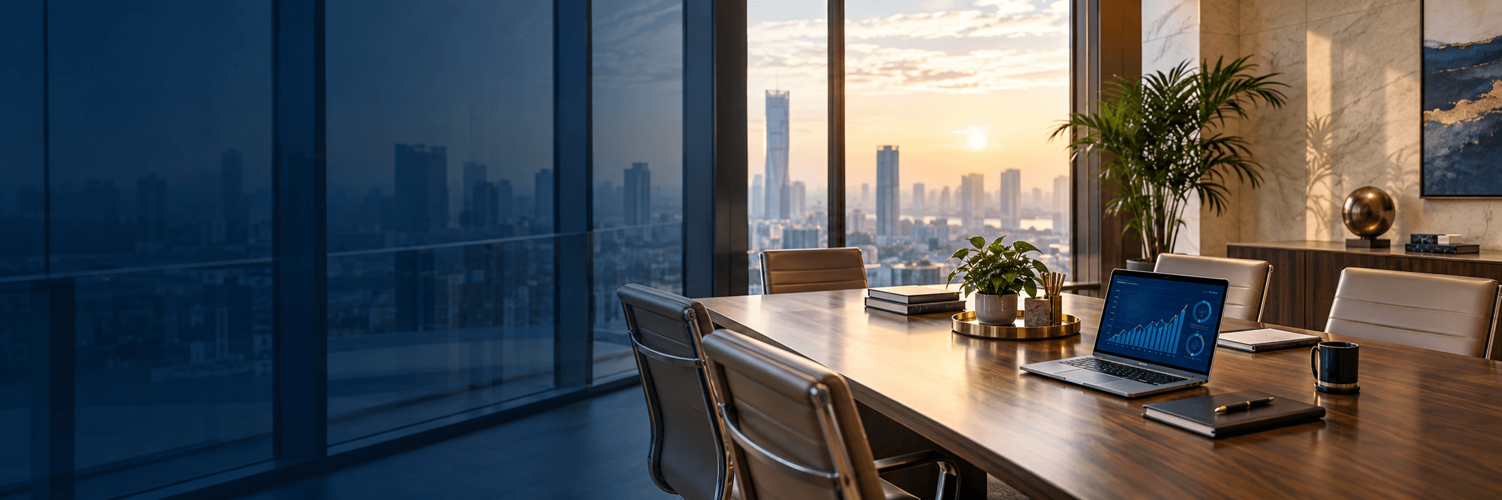 Professional meeting room with a laptop, plant, and city view