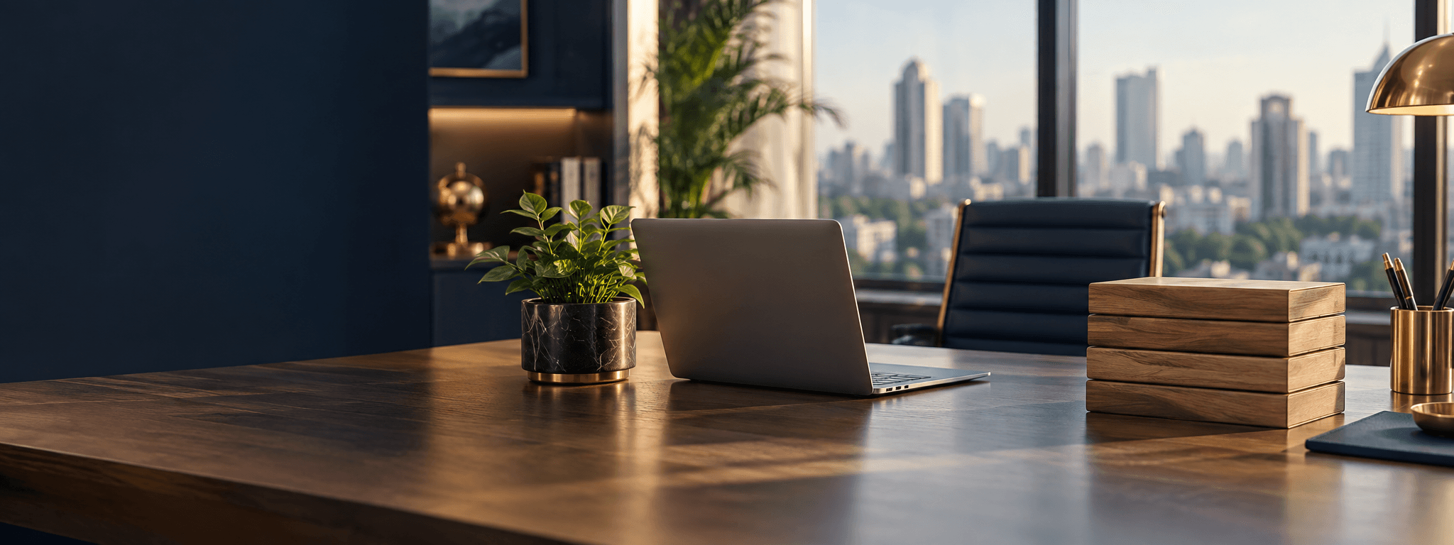 Office desk with a laptop, plant, and stack of wooden blocks overlooking a city